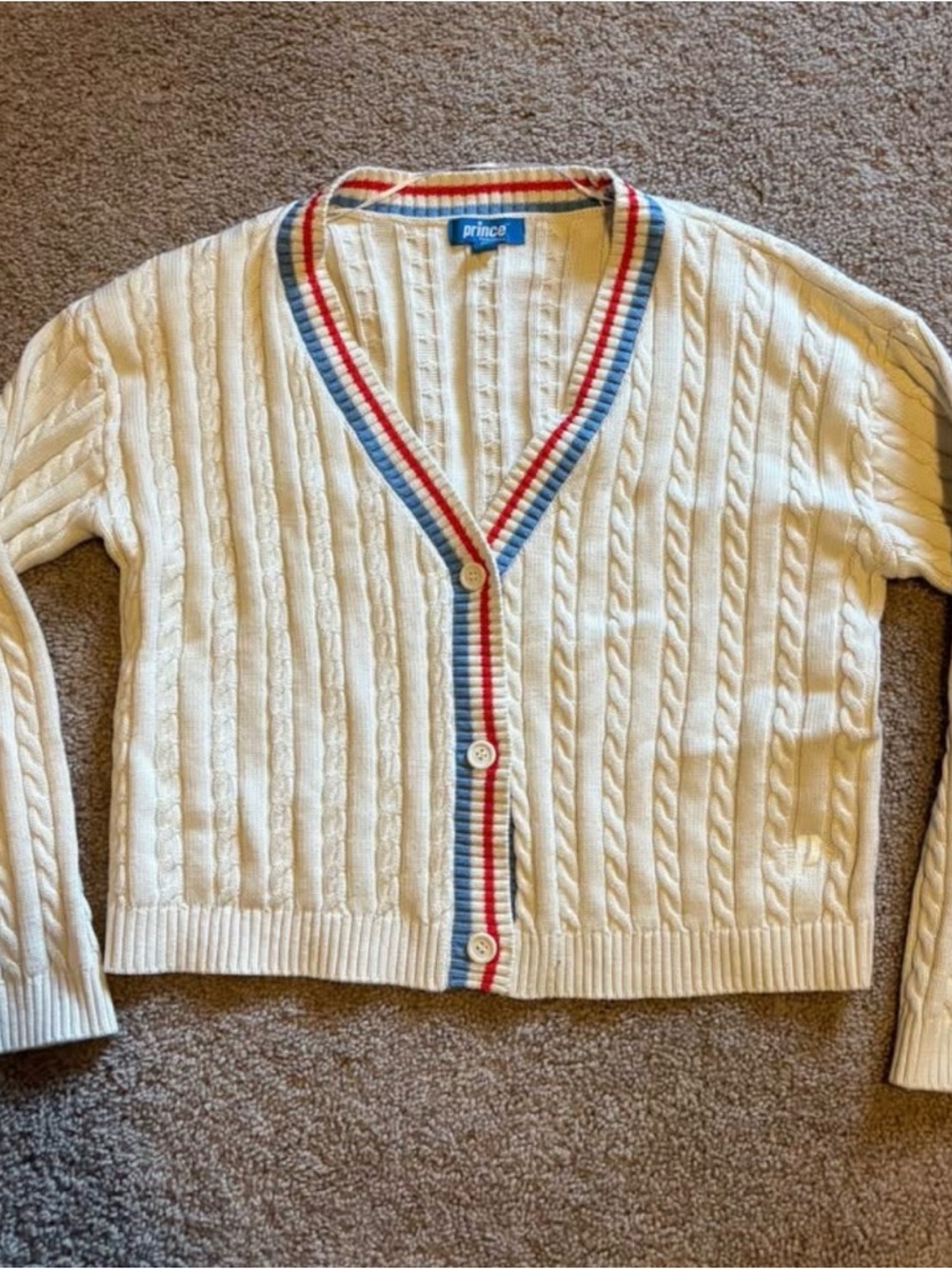 Prince Cream Cable Knit Pickleball Cardigan with Red & Blue Stripes